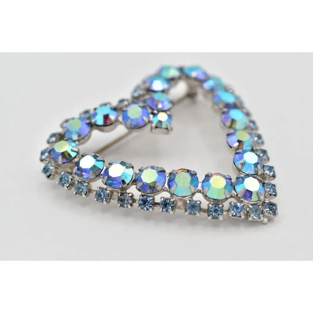 Vintage Crystal Heart Pin Brooch Blue Aurora Borealis Prong Rhinestone 60s BinBI